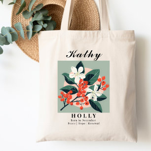 December Birth Month Flower Holly Green & Peach Tote Bag