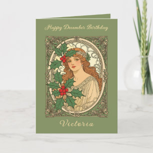 December Birthday Art Nouveau Holly Berries Card