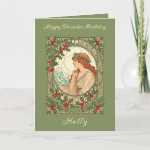 December Birthday Holly Berries Art Nouveau Card