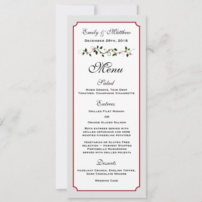 December Holiday Wedding Reception Menu Card (Front)