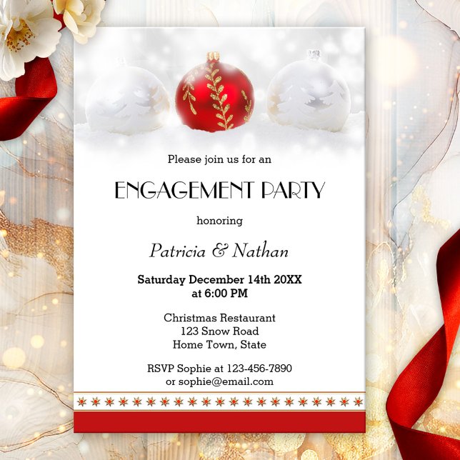 December or Christmas Engagement Party Invitation (Festive engagement party invitation with Christmas baubles in the snow and star ornaments)