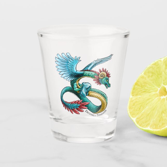 December’s Birthstone Dragon: Turquoise Shot Glass (Front)