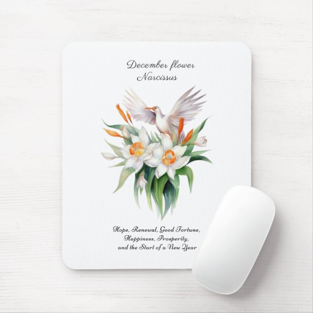 December’s Narcissus Flower with Floral Bird Mouse Pad (With Mouse)