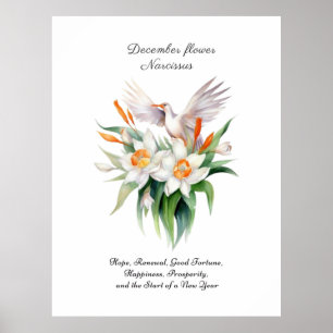 December’s Narcissus Flower with Floral Bird Poster
