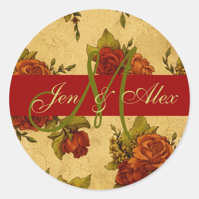 December Wedding Monogram and Names Rose Sticker (Front)