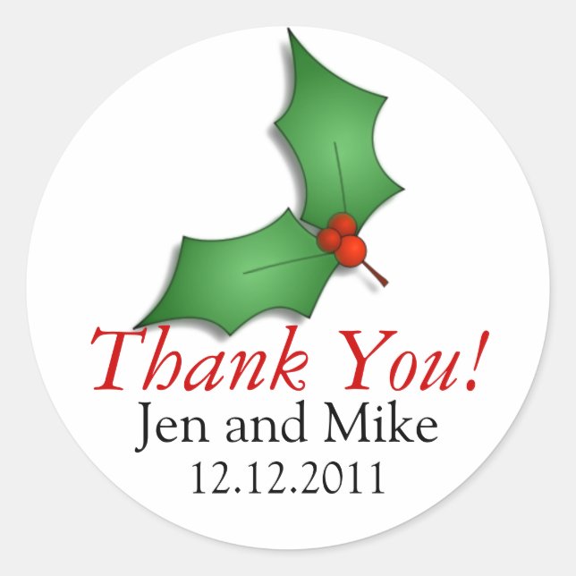 December Wedding Thank You Stickers Holly Ornament (Front)
