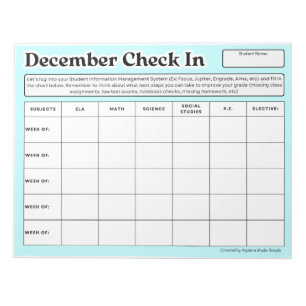 December Weekly Student Check In Grade Progress Notepad