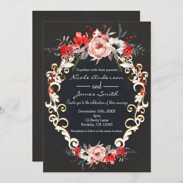 December Winter Wedding Holly Berry Floral Elegant Invitation (Front/Back)