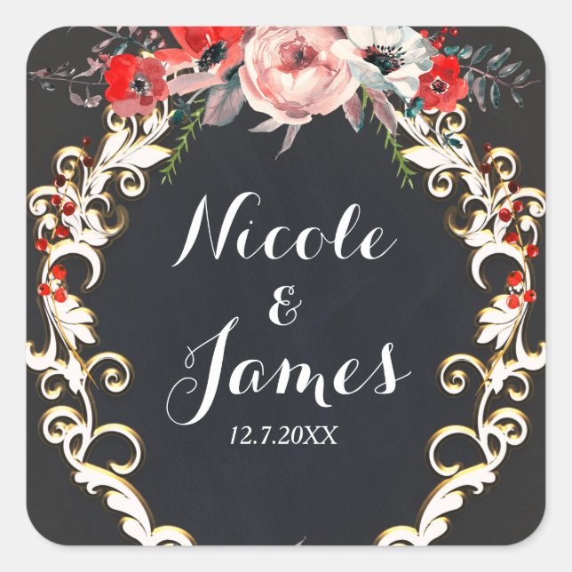 December Winter Wedding Holly Berry Floral Favour Square Sticker (Front)