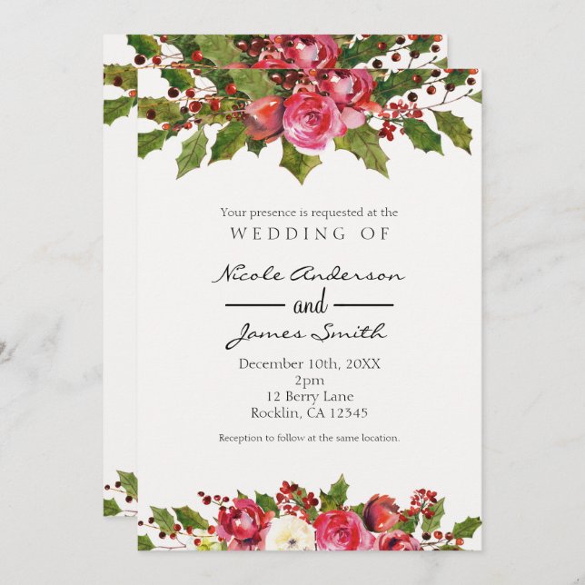 December Winter Wedding Holly Berry Floral Holiday Invitation (Front/Back)