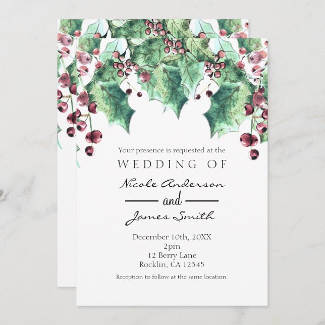 December Winter Wedding Holly Berry Holiday Invitation (Front/Back)