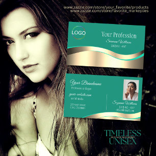 Decent Dark Teal Wavy Gold Decor with Logo Photo Business Card