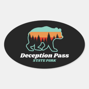 Deception Pass State Park Washington Bear Retro Oval Sticker