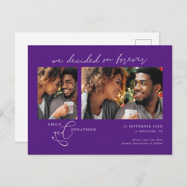 Decided on Forever 2 photo Purple Save Date Announcement Postcard (Front/Back)