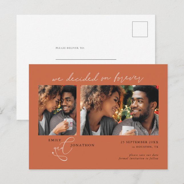 Decided on Forever 2 photo Terracotta Save Date Announcement Postcard (Front/Back)