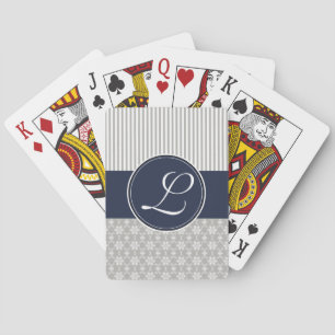 Deck of Cards, Custom Monogram Navy Grey Pattern Playing Cards