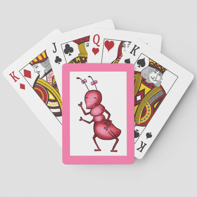 Deck of Cards, Cute Ant Cartoon, Pink Border Playing Cards (Back)
