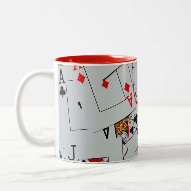 Deck Of Scattered Playing Cards Pattern, Two-Tone Coffee Mug (Left)