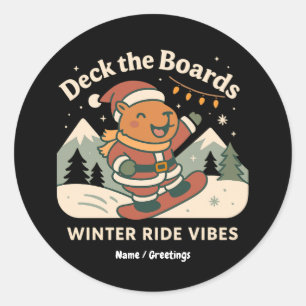 Deck the Boards Cute Santa Capybara Snowboarding Classic Round Sticker