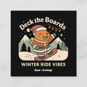 Deck the Boards Cute Santa Capybara Snowboarding Square Business Card