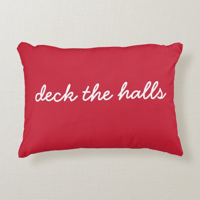 Deck The Halls Christmas Holiday Simple Script Red Decorative Cushion (Front)