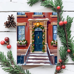 Deck the Halls City Christmas Brownstone Holiday Postcard