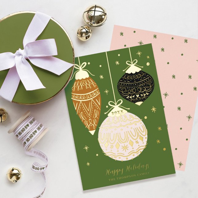 Deck The Halls Elegant Hanging Ornaments Foil Holiday Card (Creator Uploaded)