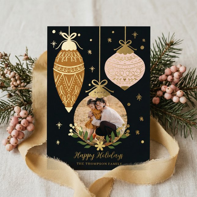 Deck The Halls Elegant Hanging Photo Ornaments Foil Holiday Card (Deck The Halls Photo Vintage Christmas Ornament Foil Holiday Card)