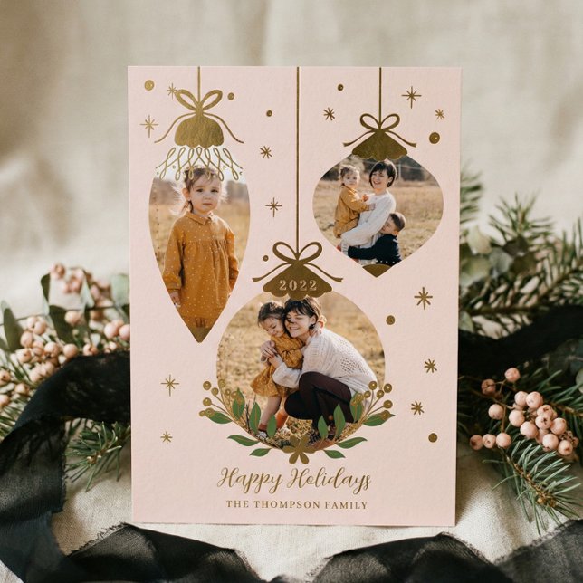 Deck The Halls Elegant Hanging Photo Ornaments Foil Holiday Card (Deck The Halls 3 Photo Vintage Christmas Ornament Foil Holiday Card)