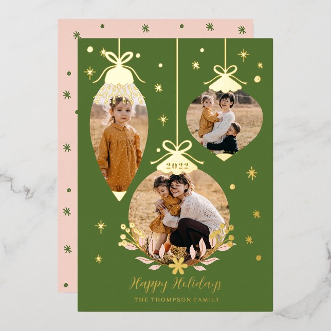 Deck The Halls Elegant Hanging Photo Ornaments Foil Holiday Card (Front/Back)