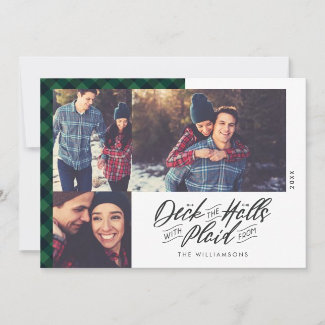 Deck The Halls | Green Buffalo Plaid Christmas Holiday Card (Front)