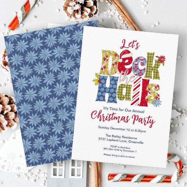 Deck the Halls Holiday Patchwork Christmas Party Invitation (Creator Uploaded)