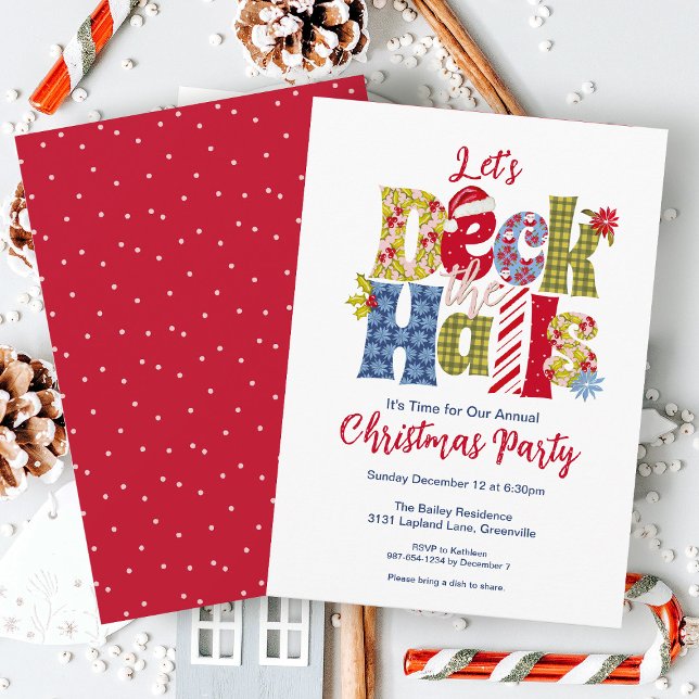 Deck the Halls Holiday Patchwork Christmas Party Invitation (Creator Uploaded)