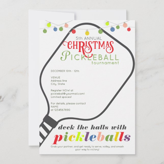 Deck the Halls Pickleball Christmas Tournament Invitation (Front)