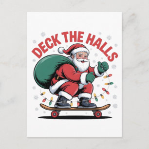 Deck the Halls Santa Skateboarding Skating Lovers Postcard