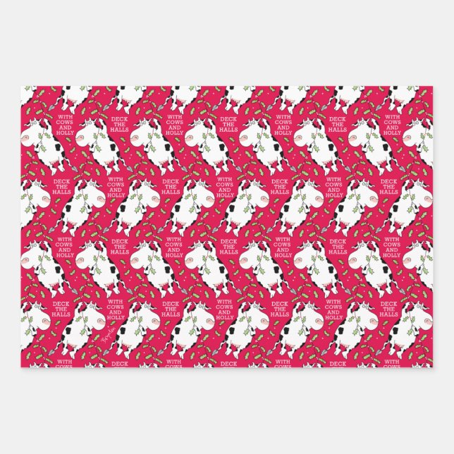 DECK THE HALLS WITH COWS & HOLLY Sandra Boynton Wrapping Paper Sheet (Front)
