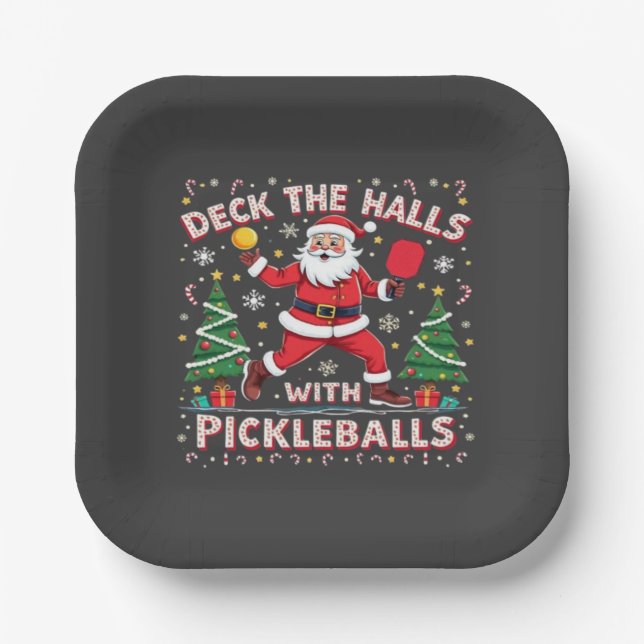 Deck The Halls With Pickleballs  Paper Plate (Front)