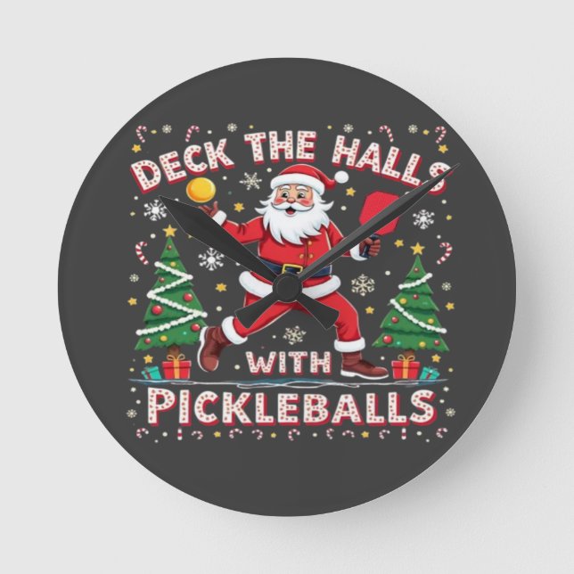 Deck The Halls With Pickleballs  Round Clock (Front)