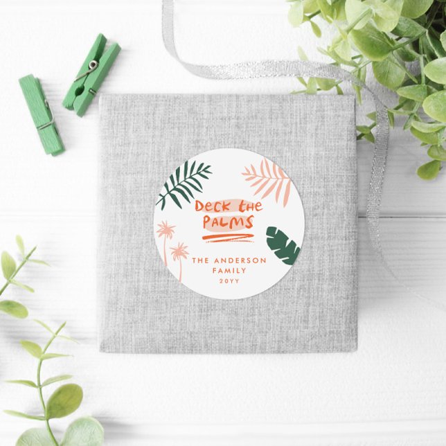 deck the palms christmas tropical modern photo classic round sticker (Creator Uploaded)