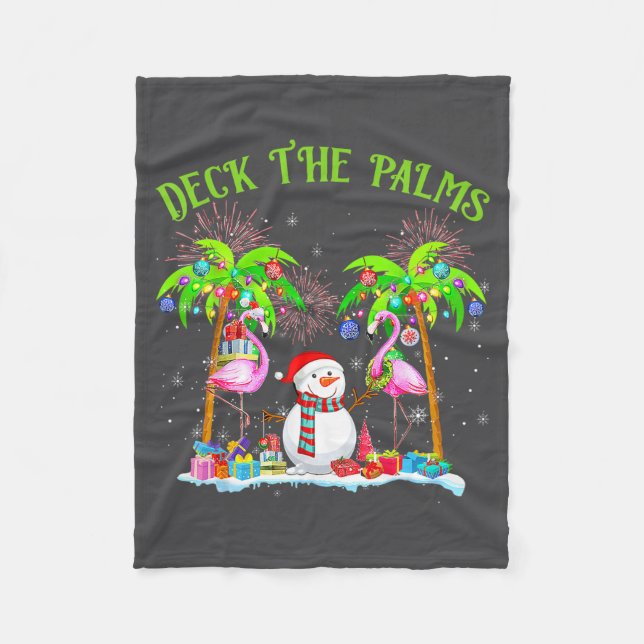 Deck The Palms Flamingo Trocal Christmas Lights Pa Fleece Blanket (Front)