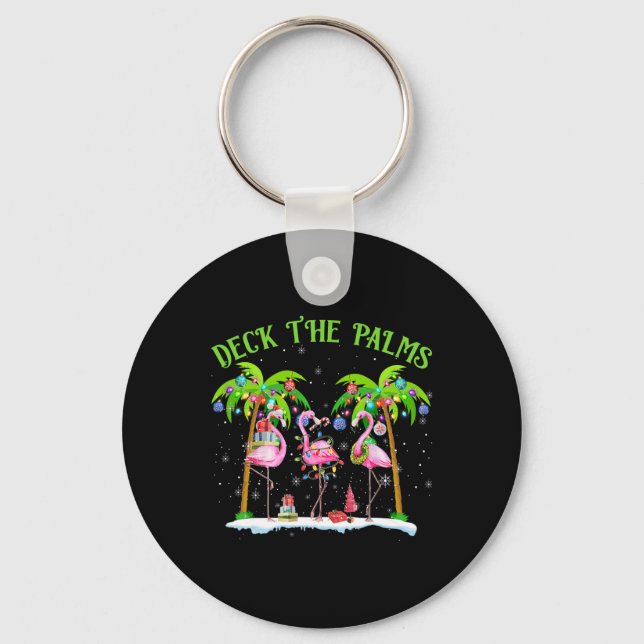 Deck The Palms Flamingo Tropical Christmas Lights  Key Ring (Front)
