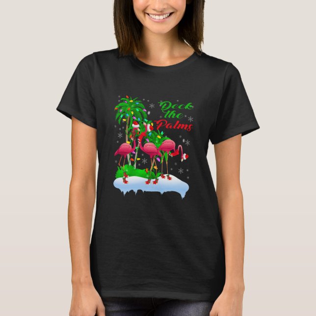 Deck The Palms Merry Christmas Lights Flamingo T-Shirt (Front)