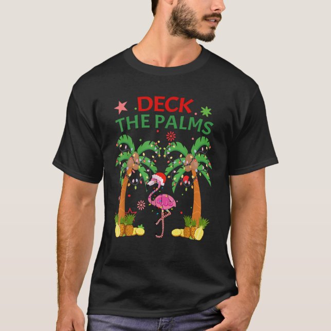 Deck The Palms Pyjamas Christmas Florida Flamingo  T-Shirt (Front)
