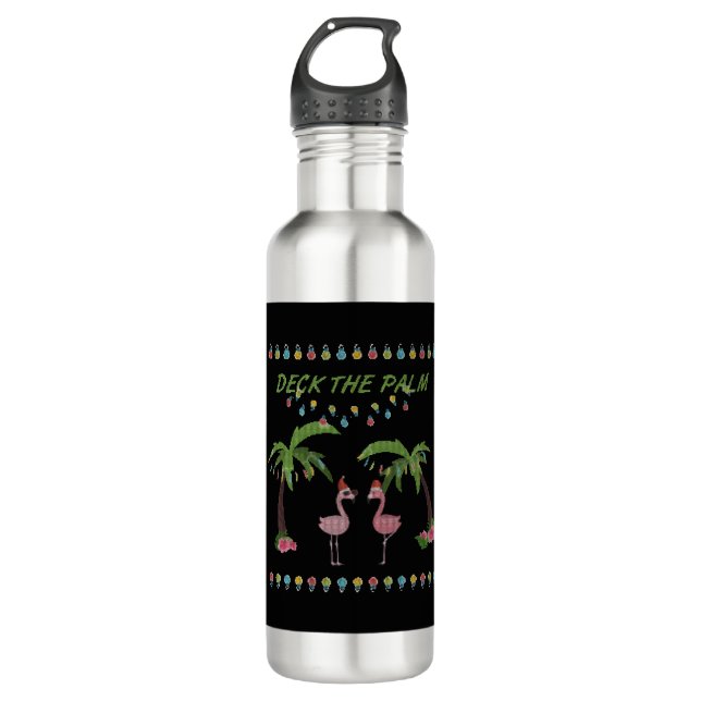 Deck The Palms Shirt - Flamingo Xmas Shirt 710 Ml Water Bottle (Front)