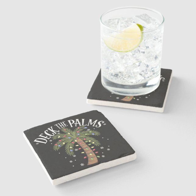 Deck The Palms Tropical Hawaii Christmas Palm Tree Stone Coaster (Side)