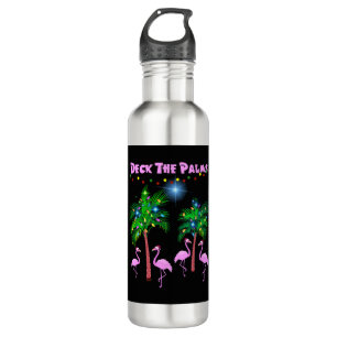 Deck The Palms Tropical Pink Flamingos Palm Tree 710 Ml Water Bottle