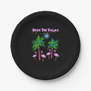 Deck The Palms Tropical Pink Flamingos Palm Tree Paper Plate