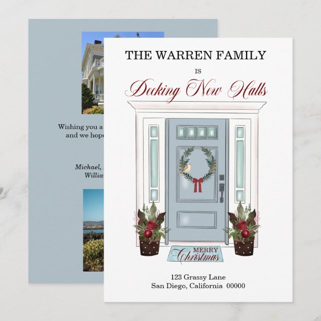 Decking New Halls Blue Door Christmas Photo Moving Announcement (Front/Back)