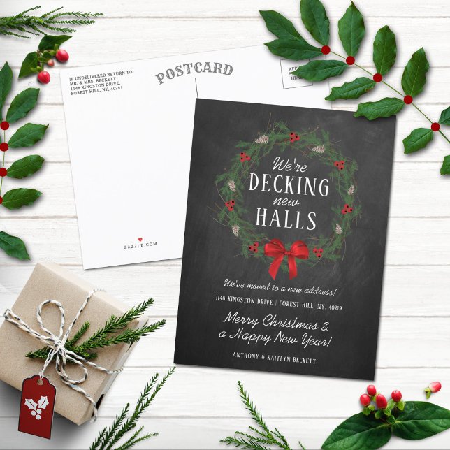 Decking New Halls | Chalkboard Holiday Moving Announcement Postcard (Creator Uploaded)