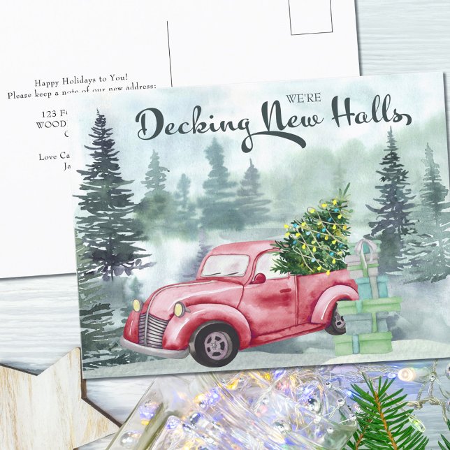 Decking New Halls Christmas Red Truck Moving Holiday Postcard (Creator Uploaded)